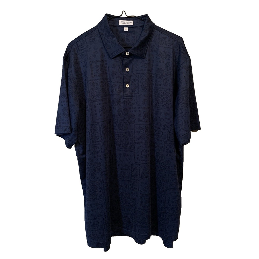 Peter Millar Summer Comfort Men's Polo L Short Sleeve Dark Blue Paisley - Picture 4 of 16